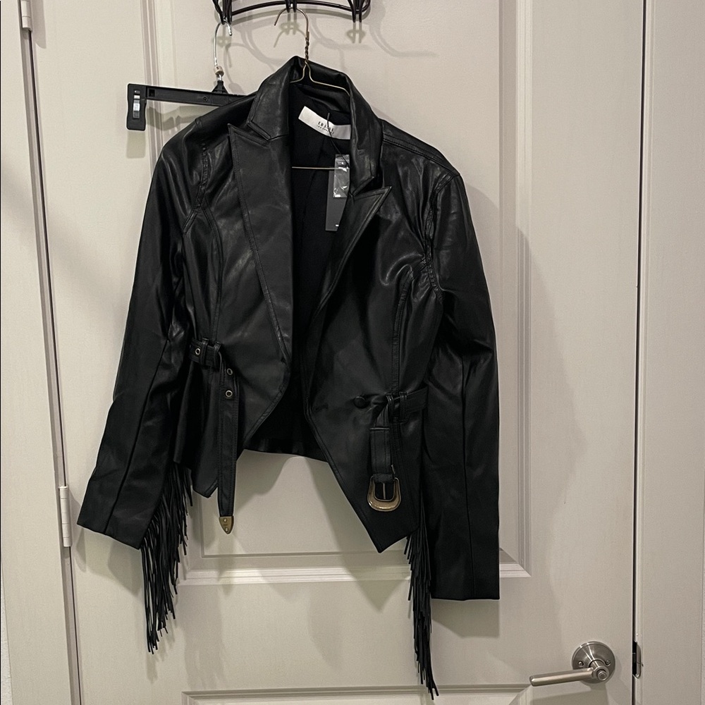 Elegant Black Leather Jacket with Fringe by [Brand]